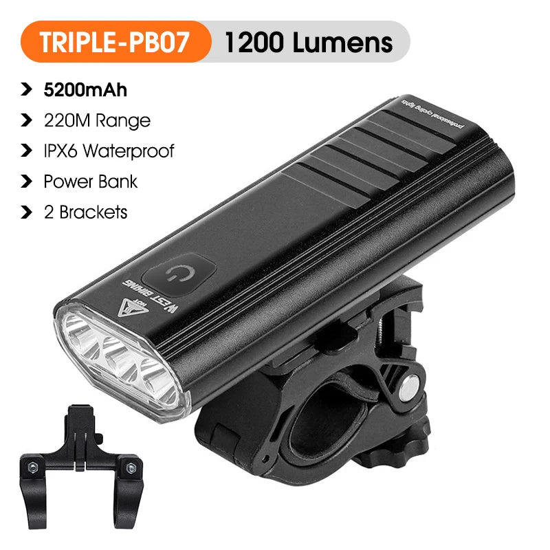 WEST BIKING 1600 Lumen Dual LED Bike Headlight – USB Rechargeable 5200mAh Smart Front Light for MTB & Road Cycling