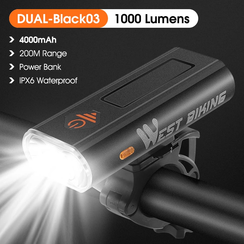 WEST BIKING 1600 Lumen Dual LED Bike Headlight – USB Rechargeable 5200mAh Smart Front Light for MTB & Road Cycling