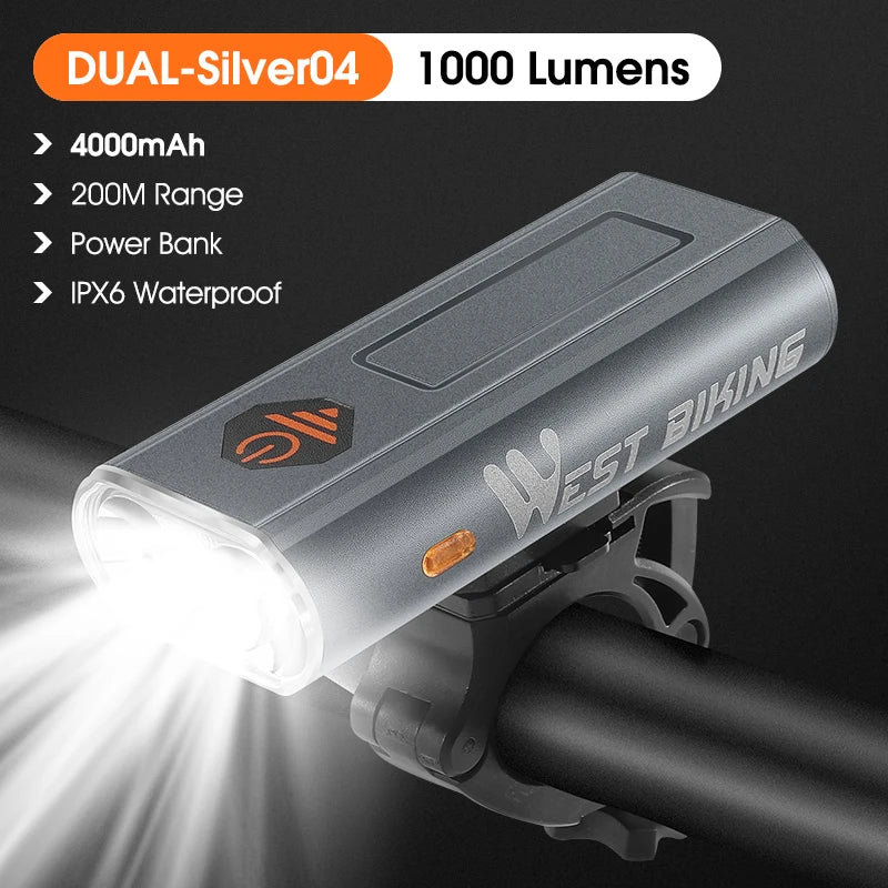 WEST BIKING 1600 Lumen Dual LED Bike Headlight – USB Rechargeable 5200mAh Smart Front Light for MTB & Road Cycling